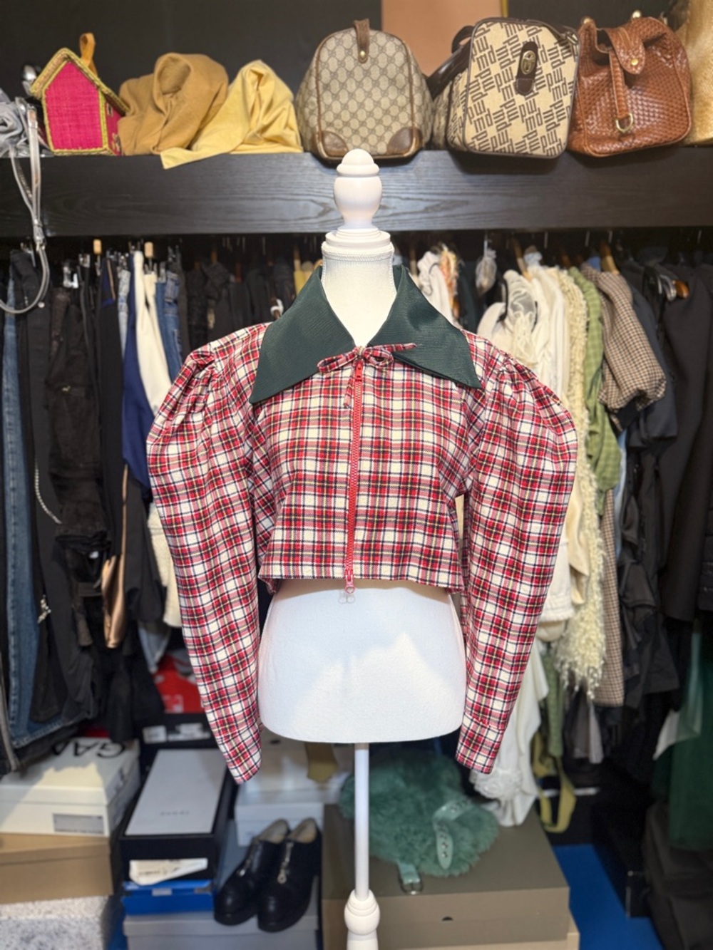 Handmade Cropped Red Plaid Puff-Sleeve Zip Front Top with Green Collar